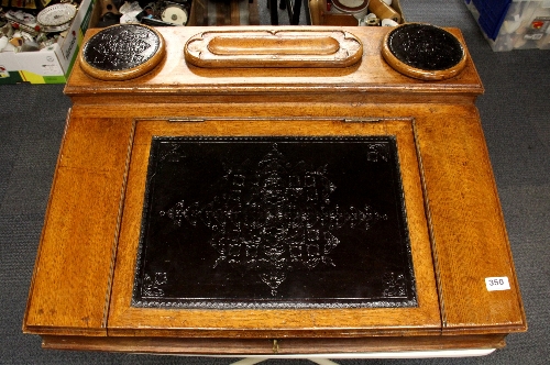 A lovely Victorian golden oak table top desk with tooled leather insets. 79cm x 61cm x 25cm