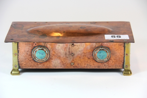 An Art Nouveau hammered copper and brass cigarette box with inset with ceramic panels 20cm x 10.