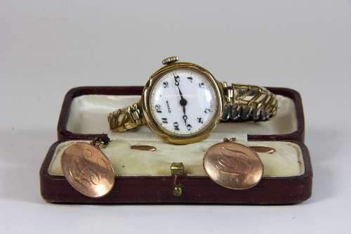 A ladies 9ct yellow gold Cyma watch and a pair of 9ct cuff links a/f