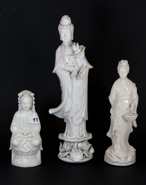 A 19thC Chinese blanc de Chine figure of a Goddess 19cm, together with two further blanc de Chine