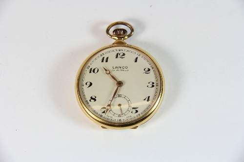 A vintage gents open faced Lanco gold plated pocket watch.