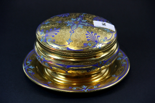 An French enamelled gilt metal box and stand D16cm