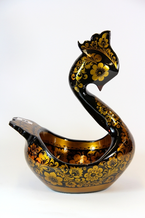 A Russian gilt and lacquered wooden bowl in the form of a bird H. 36cm.