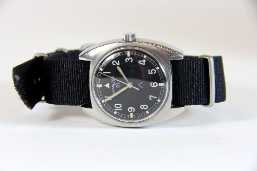 A gents vintage Hamilton military issue wristwatch c1973 on black military strap