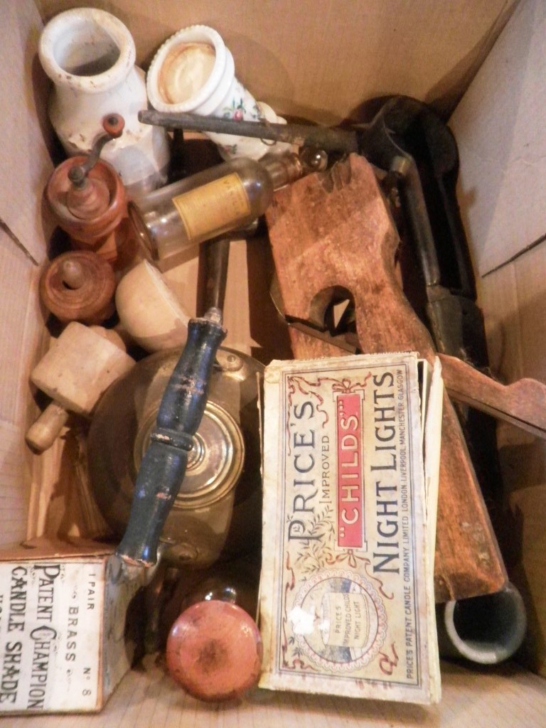 A small mixed lot of kitchenalia and other items, including biscuit moulds, pair of steel sheep