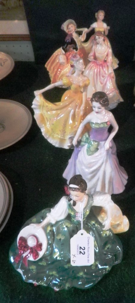 A Royal Doulton figure, Elyse, together with another, Jessica and four other Doulton ladies.