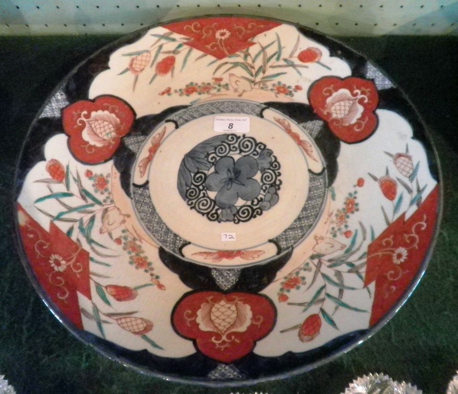 A late 19th century Japanese Imari 39cm diameter charger, decorated with wrens in a landscape within