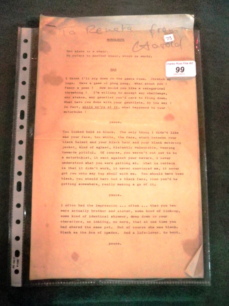 A typed copy of Harold Pinter`s Monologue, signed by the playwright.