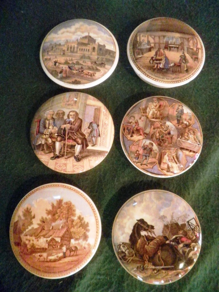 Six pot lids, including: The Room In Which Shakespeare Was Born, Philadelphia Exhibition, Seven Ages