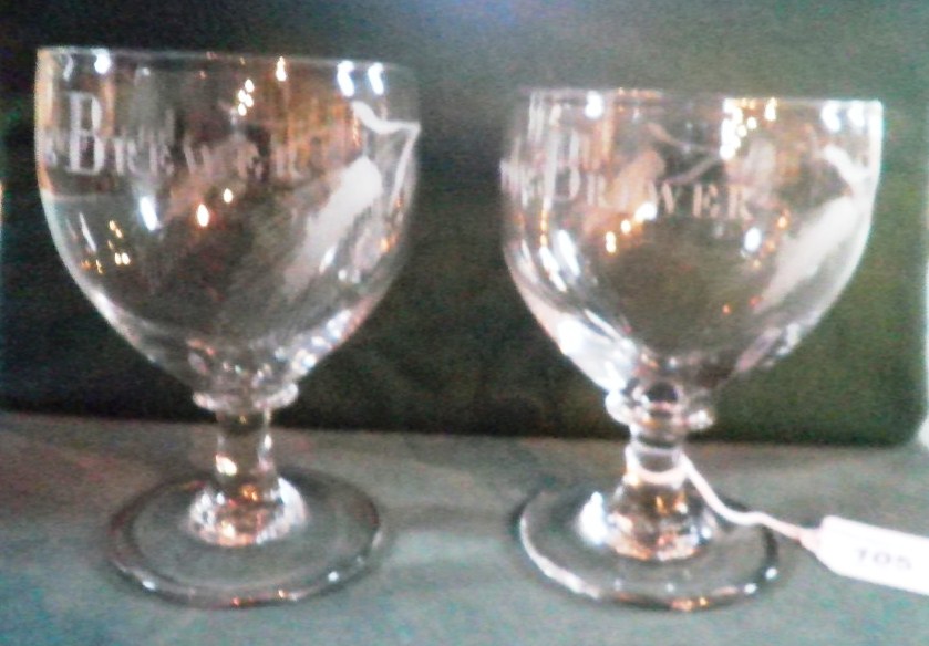 A pair of English lead crystal rummers, circa 1810 etched with hops and vines and named Jolly Jack