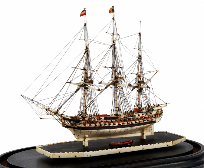 AN EARLY 19TH-CENTURY NAPOLEONIC FRENCH PRISONER-OF-WAR BONE MODEL OF THE 74-GUN FRIGATE LE BRAVE,