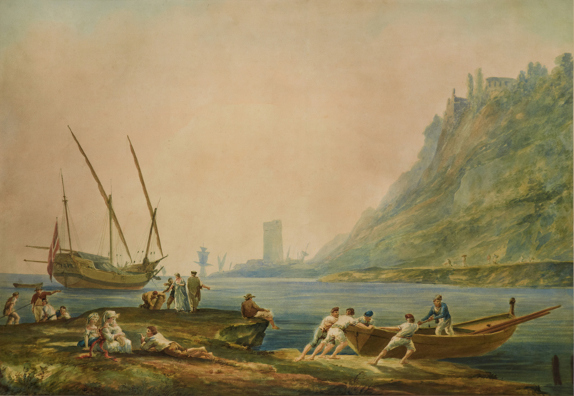 NICHOLAS POCOCK (BRITISH, 1740-1821), A Maltese Lateen-Rigged Merchantman at Anchor off a