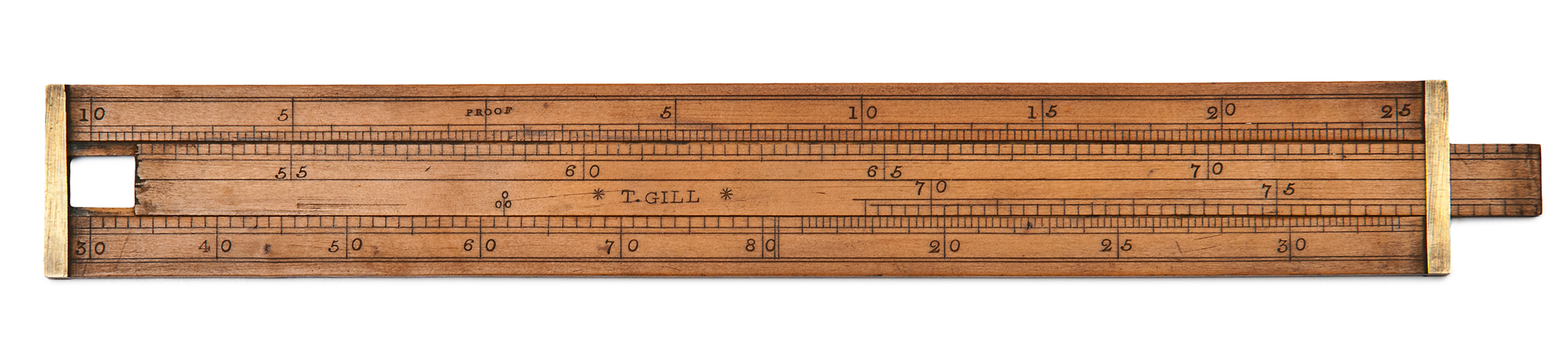 AN 18th-CENTURY BOXWOOD ALCOHOL PROOF SLIDE RULE BY T. GILL, LONDON, calibrated over both sides,