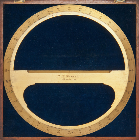 A FINE 19TH-CENTURY CIRCULAR BRASS PROTRACTOR BY J.B. DANCER, MANCHESTER, the 11¾in. lacquered-brass