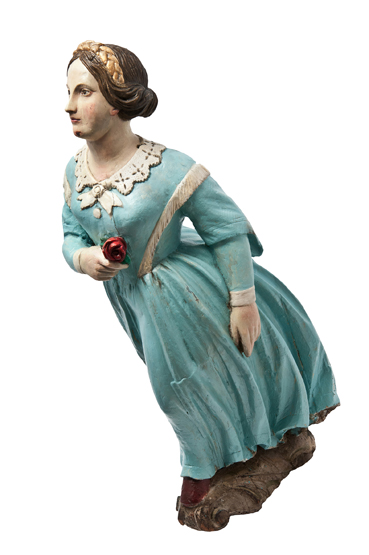 A FINE FULL-LENGTH FEMALE FIGUREHEAD, CIRCA 1840, depicted in flowing full-length dress with lace