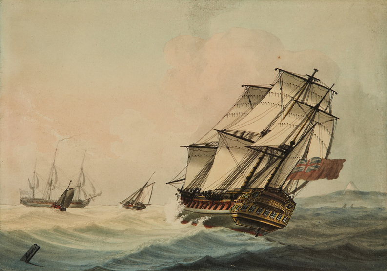 SAMUEL ATKINS (BRITISH, FL. 1787-1808), A Frigate of the Royal Navy Heeling in a Breeze, Signed ‘