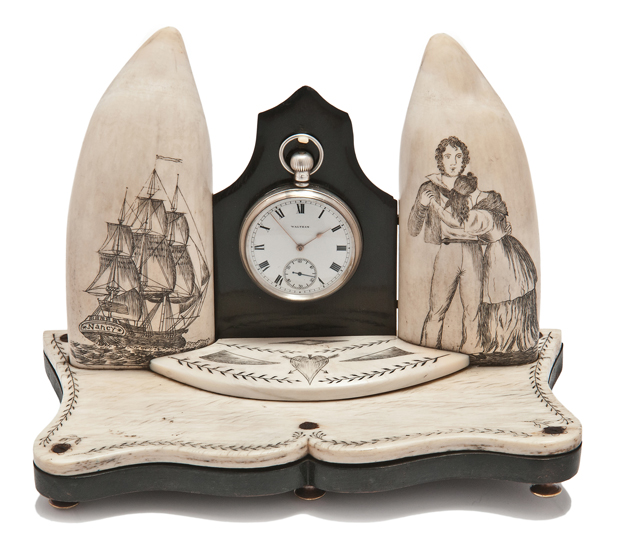 A LATE 19TH-CENTURY SCRIMSHAW-DECORATED WHALE’S TOOTH, HAM BONE AND BALEEN WATCH STAND, comprising a
