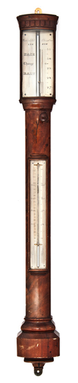 A FINE FLAT-BACKED BOW-FRONT DOMESTIC BAROMETER BY WATKINS & HILL, LONDON, CIRCA 1840, signed on the