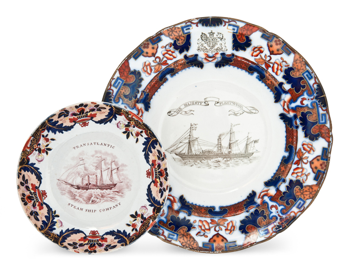 TRANSATLANTIC STEAM SHIP COMPANY, an Imari pattern-decorated shallow dish, the base transfer-printed