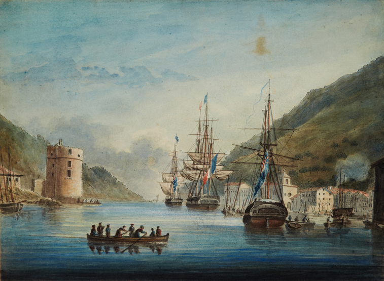 NAVAL SCHOOL (BRITISH, EARLY 19TH-CENTURY), English and French Frigates at Anchor in a Mediterranean