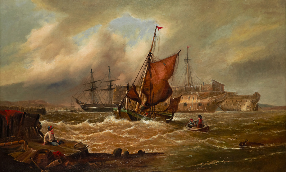 ATTRIBUTED TO WILLIAM CALCOTT KNELL (BRITISH, 1830-1876), Prison Hulks Moored in the Solent with