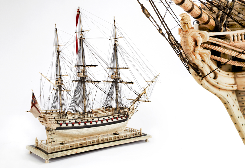 A FINE FRENCH PRISONER-OF-WAR-STYLE BONE AND BALEEN MODEL OF THE 74-GUN SHIP BELLEROPHON, the