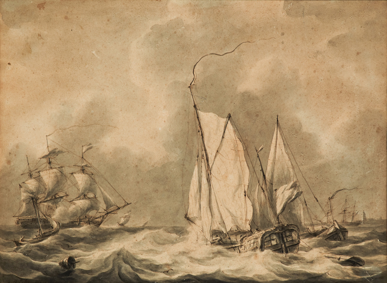 MARTINUS SCHOUMAN (DUTCH, 1770-1848), A Yacht in a Heavy Swell with a Man O’ War and Fishing Boats