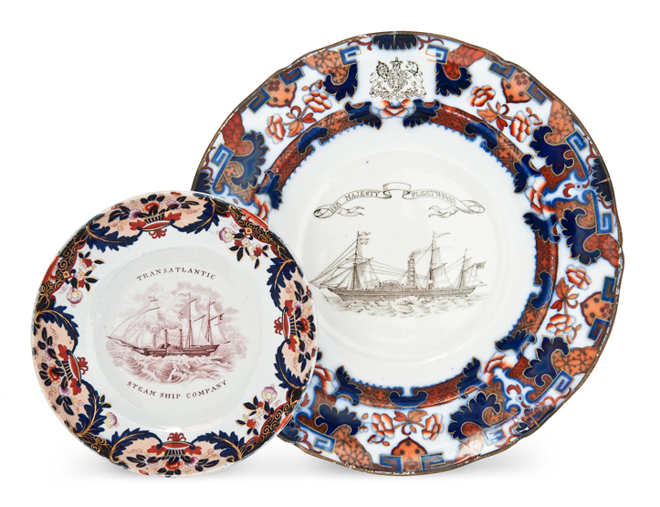 IRISH SEA PACKET STEAMER HER MAJESTY, 1843, an Imari pattern-decorated soup plate, the bowl