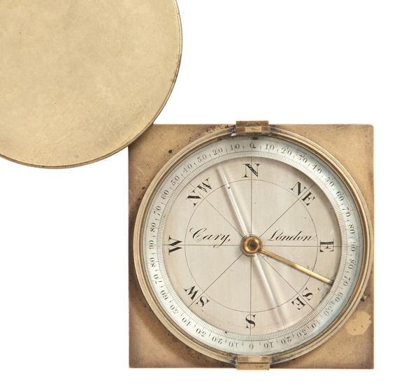 A 19TH-CENTURY SURVEYING COMPASS BY CARY, LONDON, the 2½in. silvered dial signed as per title,