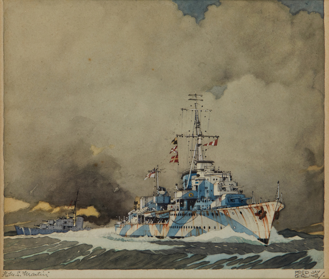 FRED J. GIRLING (BRITISH, 20TH-CENTURY), H.M.S. ‘Martin’, Watercolour heightened with white,