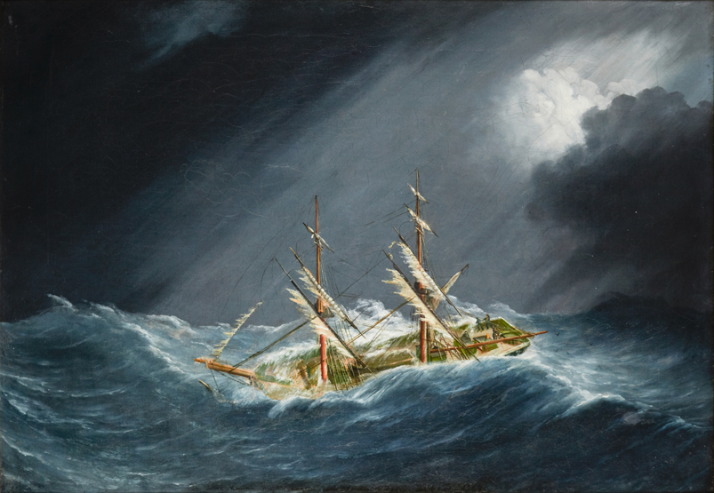 ENGLISH SCHOOL, 19TH-CENTURY, The Brig ‘Martha’ in Distress, Oil on canvas, Indistinctly inscribed