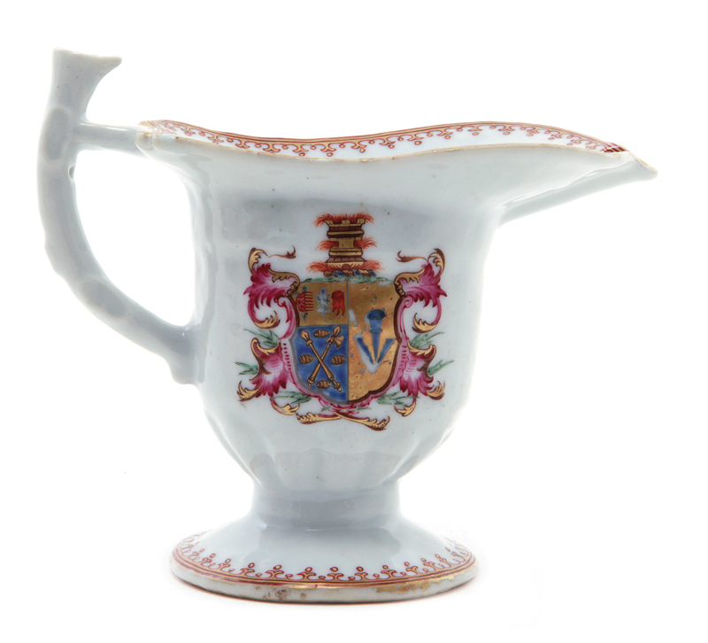 Chinese Morris impaling Sydney armorial porcelain helmet jug circa 1770, spearhead bands centering