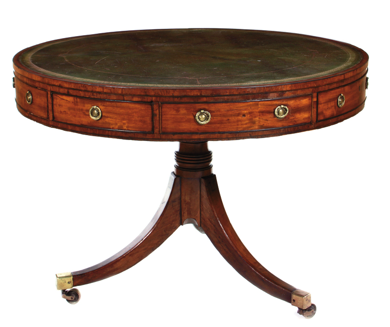 Regency mahogany and leather rent table circa 1815, circular top with olive green and gilt-stenciled
