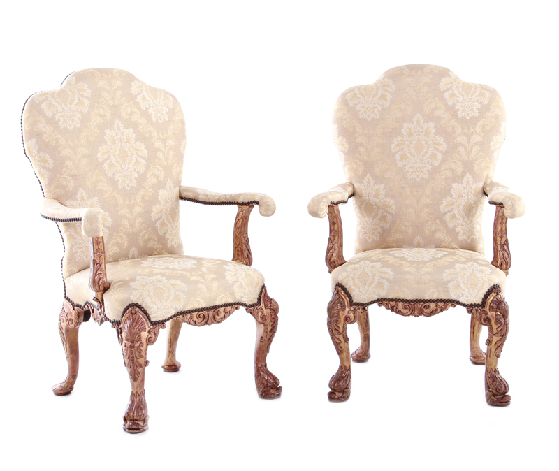 Important pair George II style giltwood armchairs, stamped Morant & Co circa 1850, arched