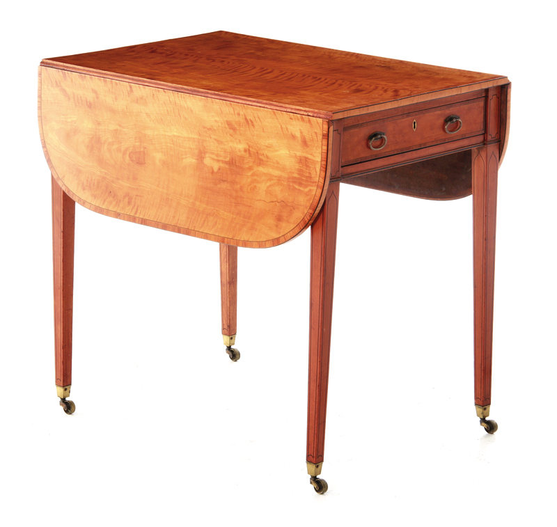 Hepplewhite inlaid satinwood Pembroke table circa 1800, rectangular top with rounded drop-leaves
