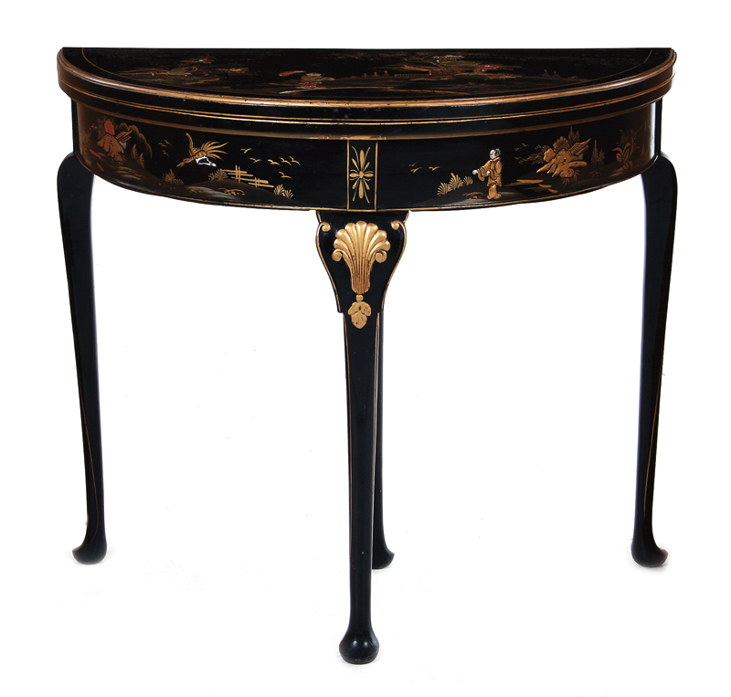 English black lacquer and chinoiserie demilune card table early 20th century, folding top
