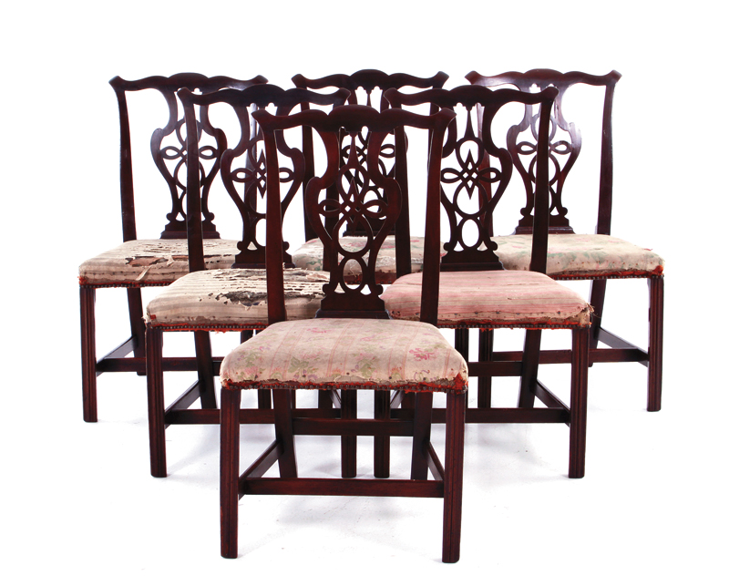 George III mahogany dining chairs, set of six circa 1780, waved and eared crest over scrolled