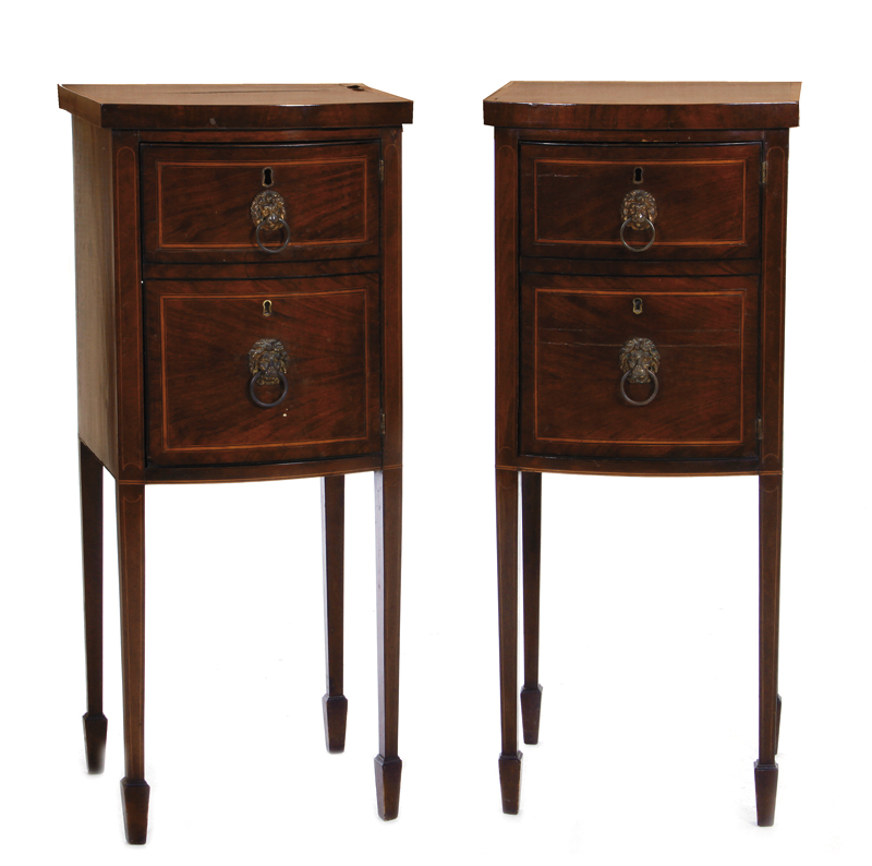 Pair Georgian inlaid mahogany bowfront side tables circa 1810, shaped and banded top, over case with