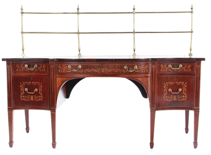 Hepplewhite inlaid mahogany sideboard circa 1810, serpentine top with brass gallery, cartouche