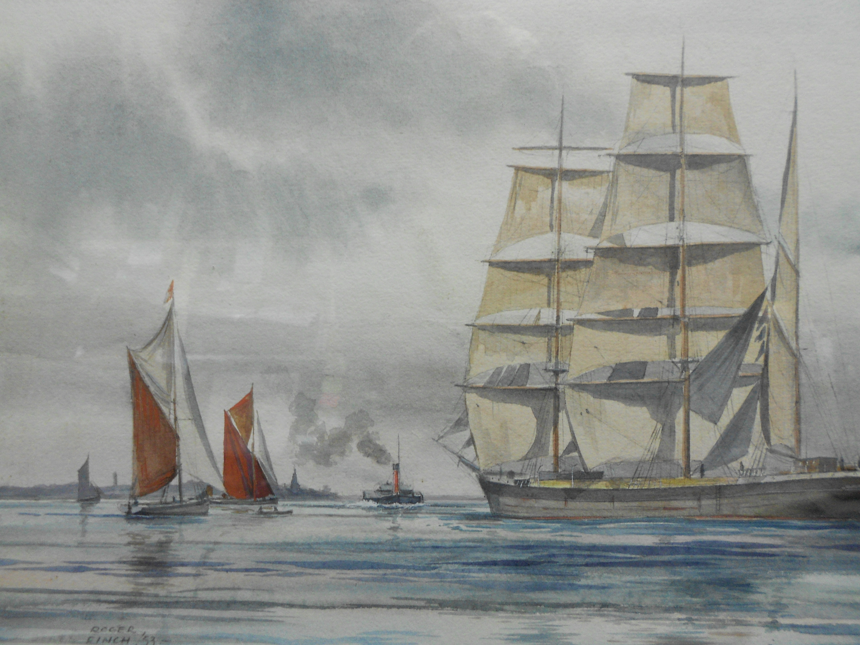 Roger Finch, A Frigate in a Calm, signed, watercolour, 20 x 30cm Roger Finch, A Frigate in a Calm,