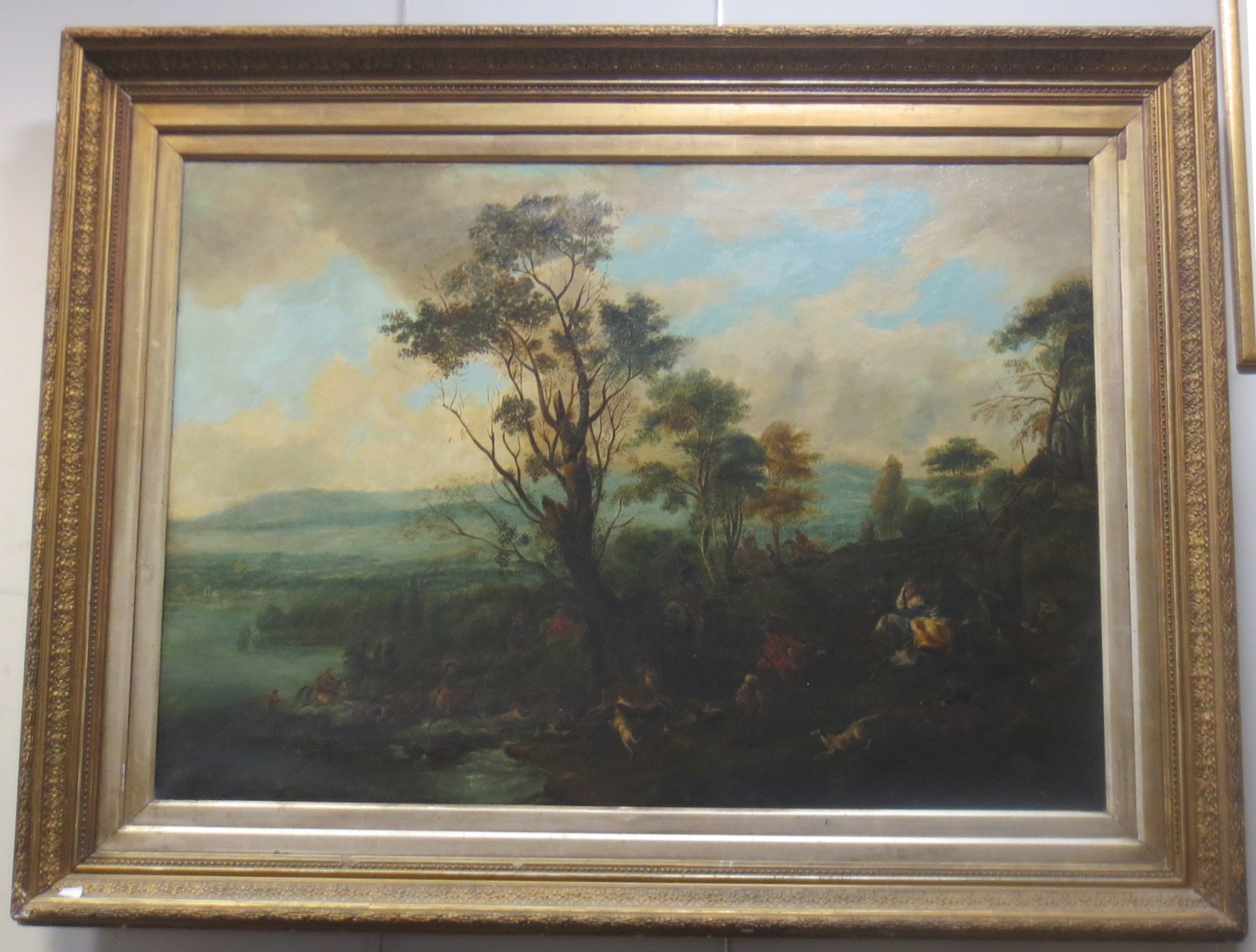 A large 19th century English school oil on canvas of a stag hunting scene A large 19th century