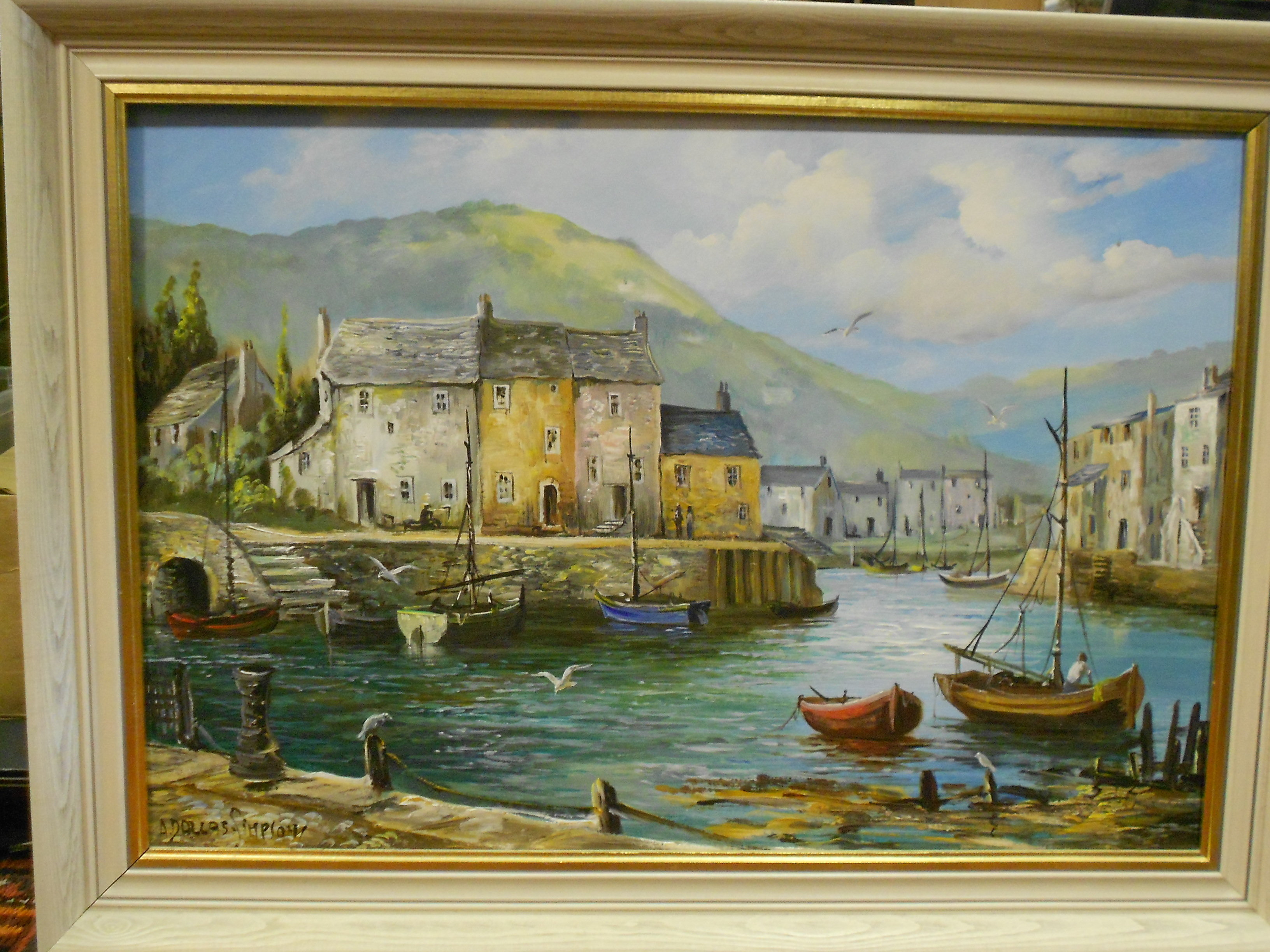 Audrey Dallas-Simpson (British, 1925-1984) -A Quiet Harbour, signed, oil on canvas, overall size