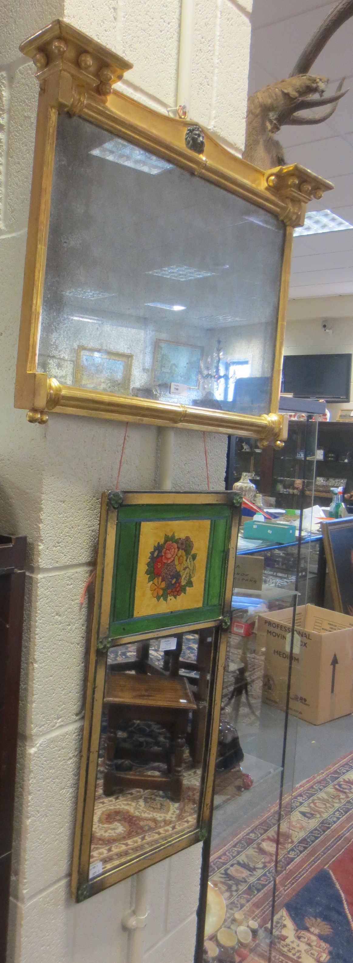 A small 19th century gilt framed overmantle mirror together with another mirror with painted panel A