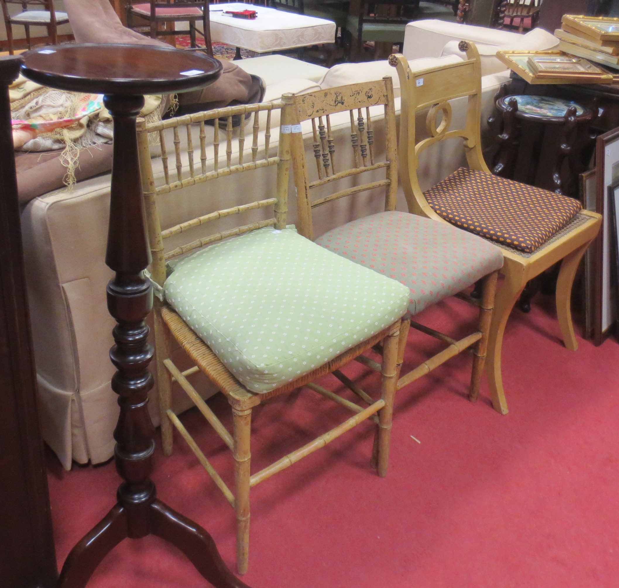 Two faux bamboo bedroom chairs, a bedroom chairs, a oriental table, a jardinere stand and various