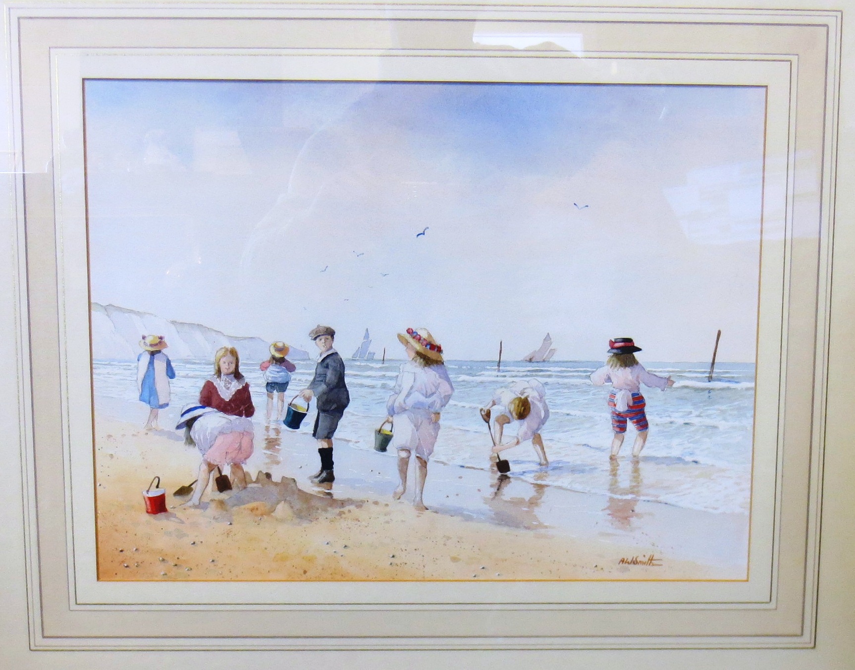 A W Smith, a watercolour of children playing on a beach