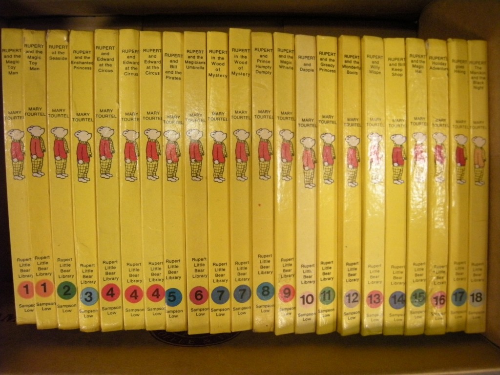 Books, childrens, 6 boxes including Rupert yellow backs nos 1-18, etc