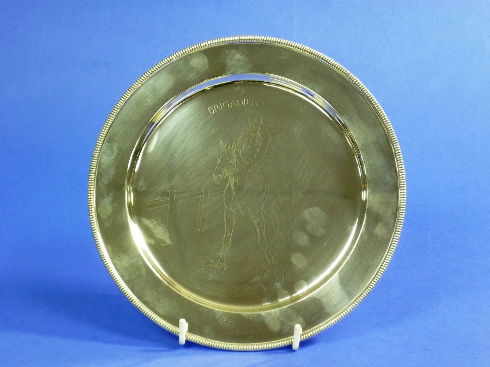 Brigadier Gerard; a silver commemorative horse racing plate by William Comyns & Sons Ltd, hallmarked