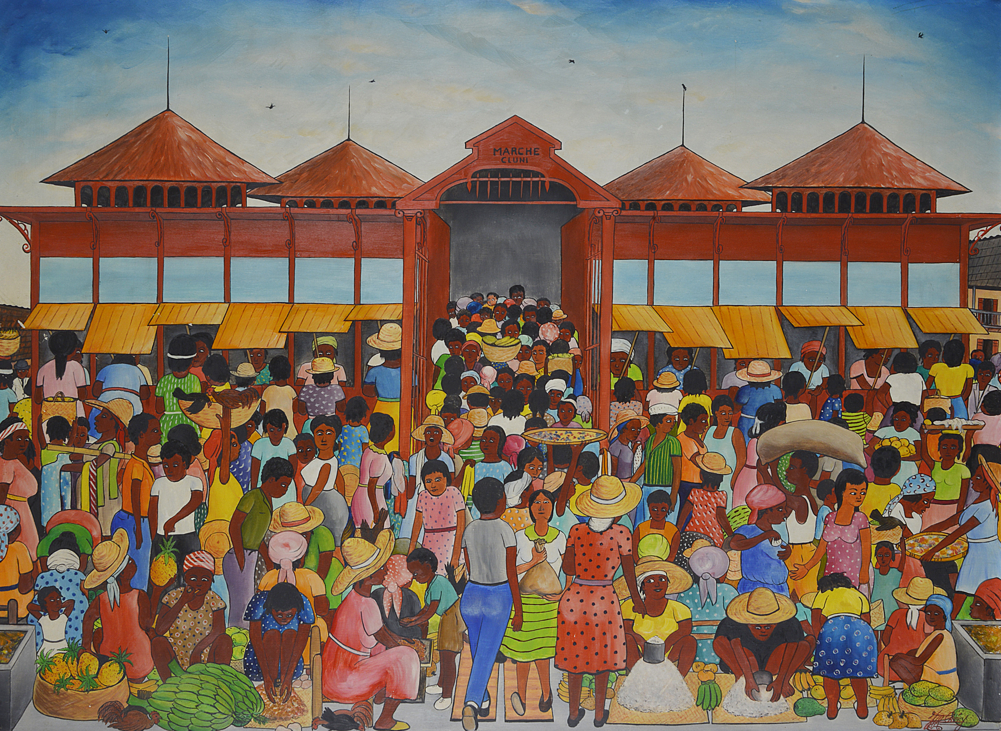 F.R. Chery (Haitian), an oil on board, "Market Day", signed and framed.60 x 81cm