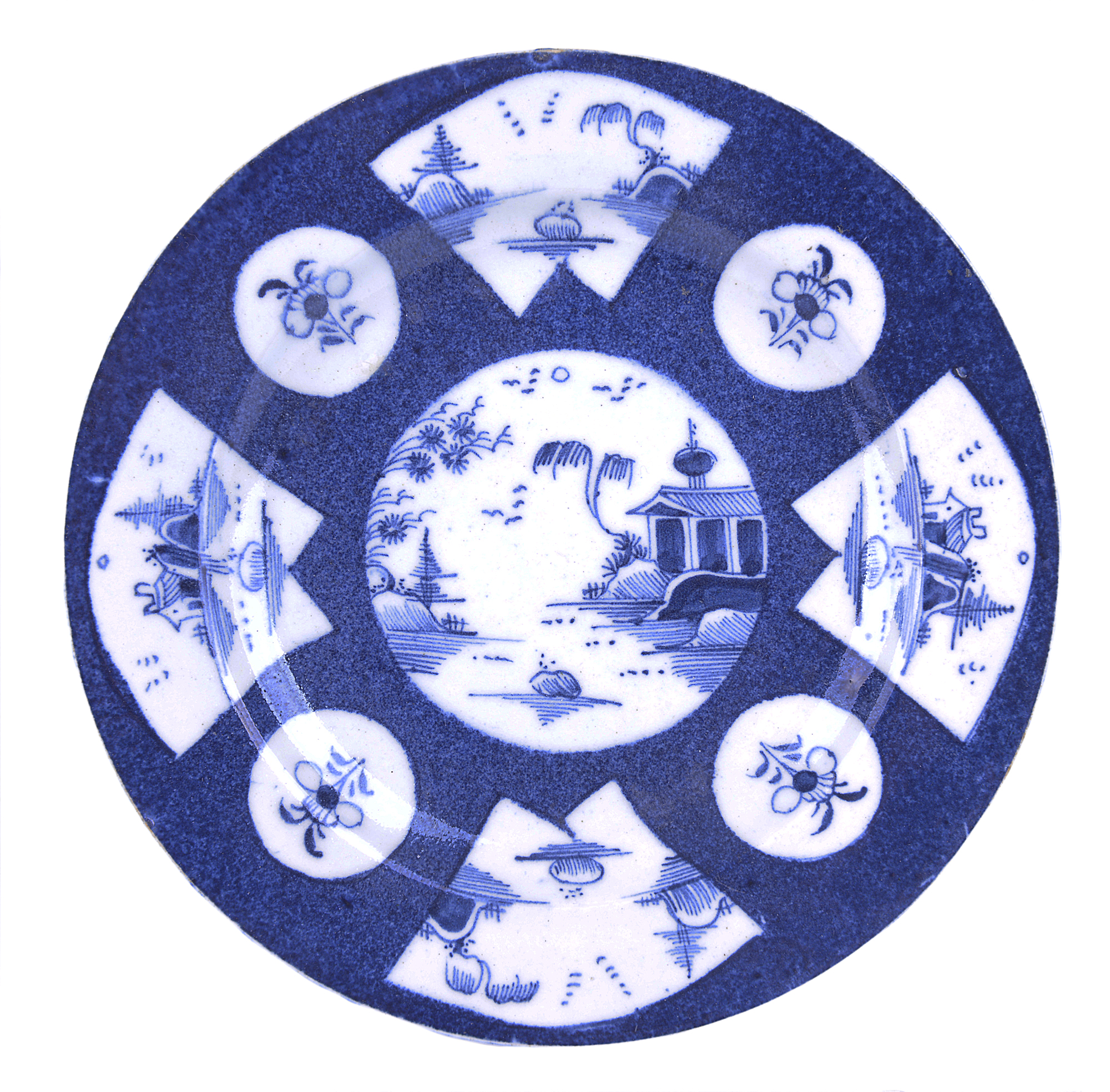 A Bow blue and white porcelain plate, with Chinese garden decoration, circa 1760-5.18cm diameter