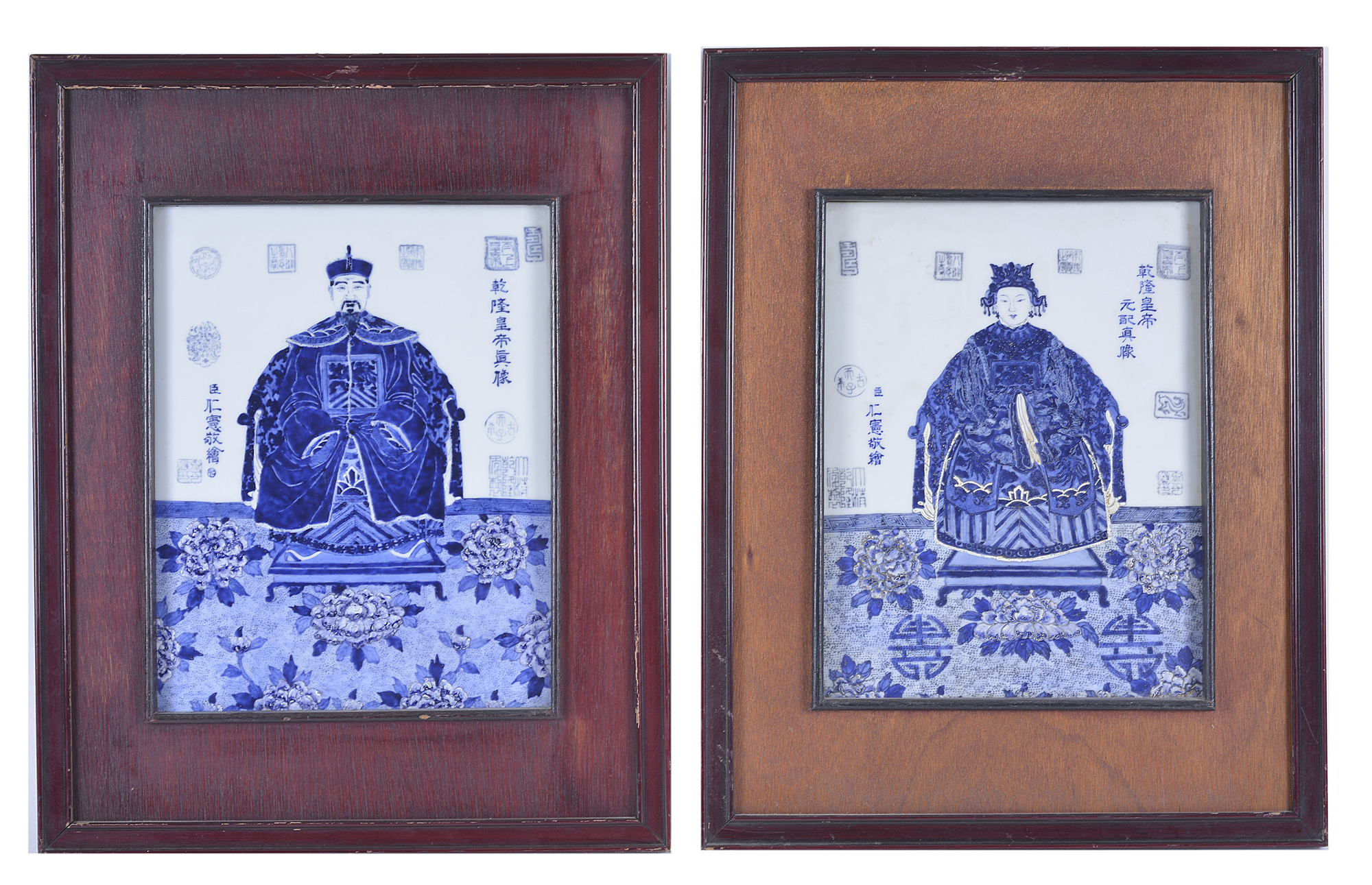 A pair of Chinese blue and white porcelain plaques depicting Emperor and Empress Qianlong,